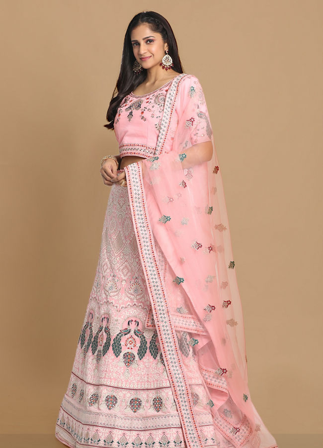 alt message - Mohey Women Light Pink Georgette Lehenga image number 2